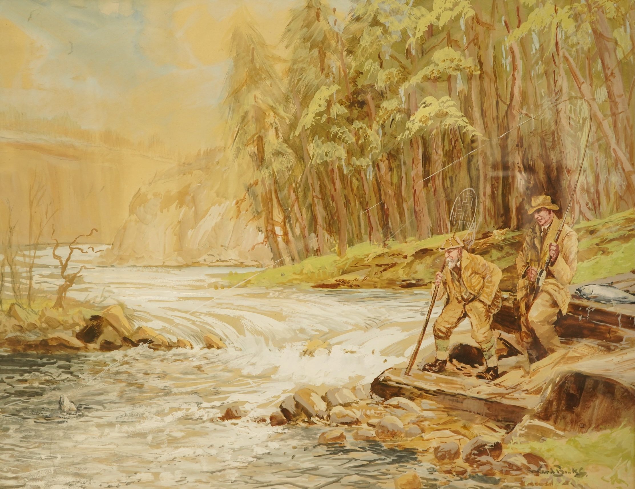 Reuben Ward Binks (1880-1950), Riverscape with anglers, signed, gouache, 44 x 56cm